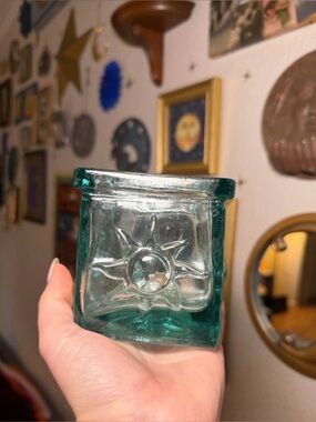 Teal Glass Sun Embossed Jar